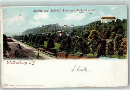 Wolkenburg Schloss Bahnhof Blick vom Parkrestaurant Gleise Waggons Bahnpost Glauchau-..