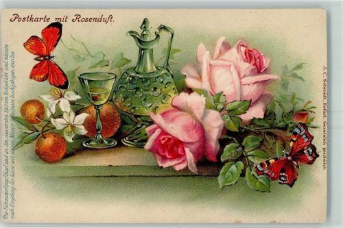 1902 Rosenduft Schmetterling Lithographie Stilleben AK