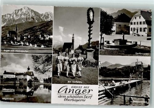 83454 W8233 Anger b Bad Reichenhall Foto AK Dorfplatz MariensäuleSchwimmbad Dorfbrunnen