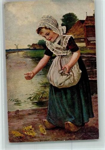 B.V.i.B. Moderne Galerie Nr. 4071 - Mädchen in Tracht füttert kleine Enten AK