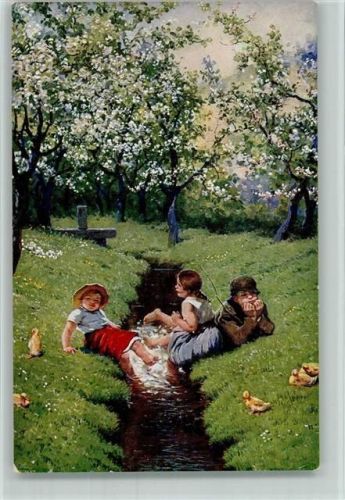 Gemälde von Liebscher "Am Bache" Sammlung Kleinkunst Nr. 943 AK Kinder spielen