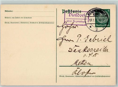 Dietldorf Ganzsache Landpoststempel über Regensburg