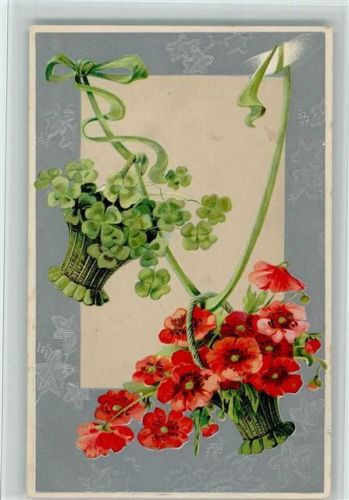 1909 Jugendstil - Mohnblumen und Kleeblätter in einem Korb