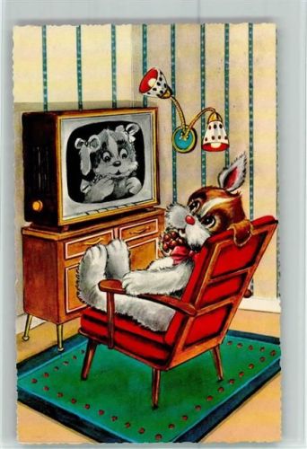 Vermenschlichter Hund mit einem Fernsehapparat AK