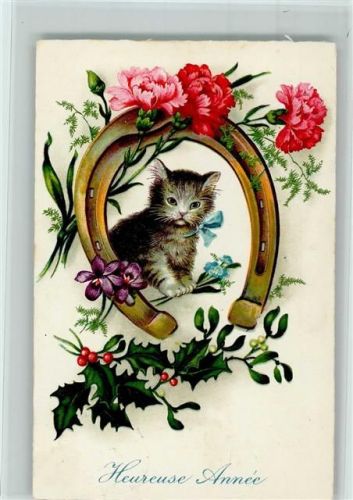 Im Hufeisen eine klein Katze, Heureuse Annee - Neujahr, gute Erhaltung
