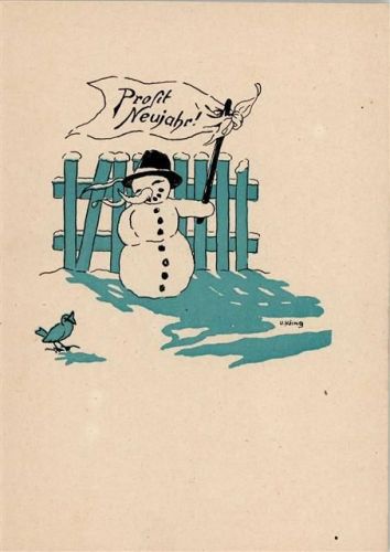 1958 Neujahr - Schneemann mit Fahne AK