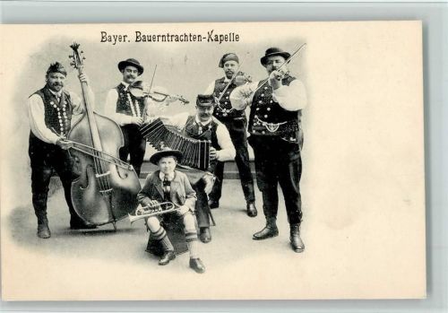 1905 Volksmusik - Bayr. Bauerntrachten Kapelle, Ziehharmonika, Geige, Cello , gute Erhaltung