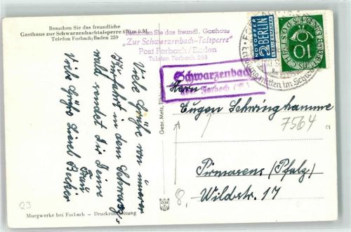 Forbach Landpoststempel Schwarzenbach Notopfer Marke Schwarzenbachtalsperre