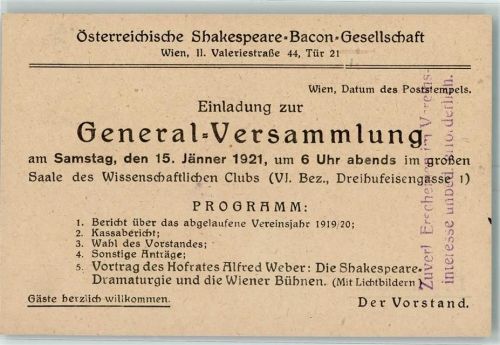 Wien 1921 Ephemera Einladung General Versammlung Österr. Shakespeare Bacon Ges.