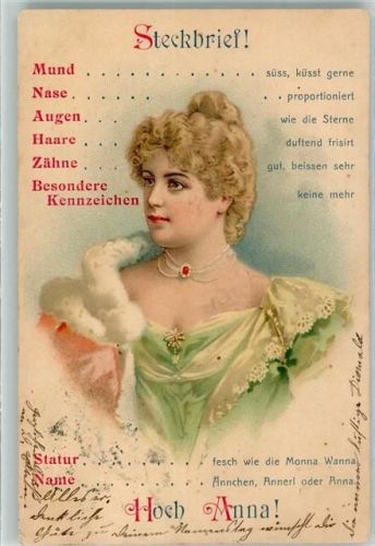Hoch Anna Steckbrief Schmuck Name auf AK 1899 Lithographie / Künstlerkarte