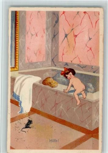 1926 Im Badezimmer eine Maus - Schwamm und nacktes Kind AK