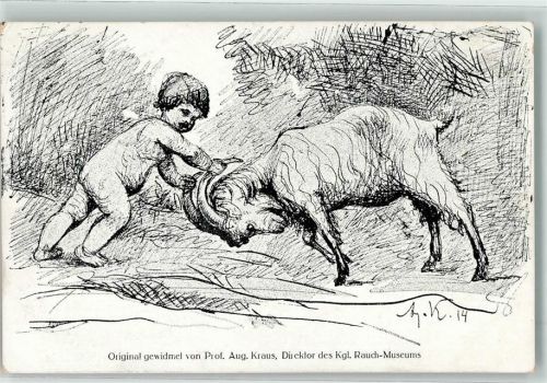 Kindervolksküchen Kind und Ziegenbock sign. Prof. Aug. Kraus Spende 1915 Künstlerkarte