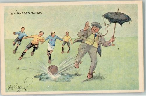 1921 Ein nasses Match Fussball B.K.W.I. 400-4 Pfeife Schiedsrichter Regenschirm