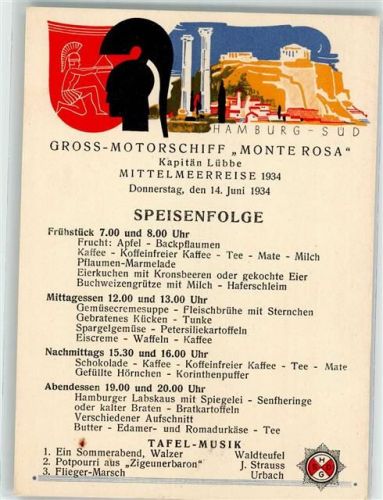 Dampfer Monte Rosa Mittelmeerreise 1934 Donnerstag 14. Juni Speisekarte