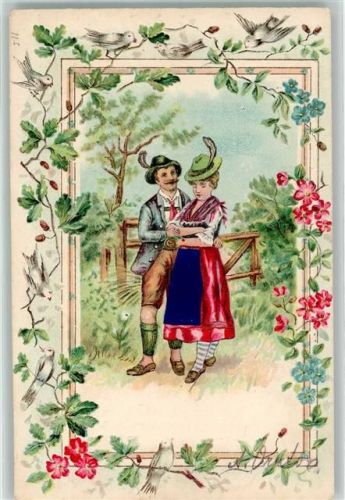 Schürze mit echt Stoff Applikation Vergissmeinnicht Liebespaar Tauben Trachten Österreich 1903 Prägedruck
