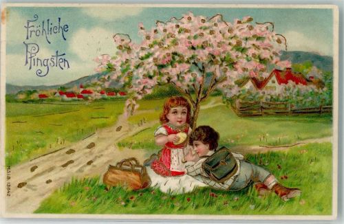 1921 Zwei Kinder piknicken unter blühendem Obstbaum Lithographie Meissner u. Buch 13842