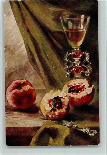 Früchte, Obstmesser, Glas Wein AK Stillleben
