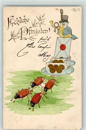 1901 ziehen Schalen mit Brief Geldmünzen und Vogel mit Posthorn Fröhliche Pfingsten! Tiere vermenschlicht Jugendstil