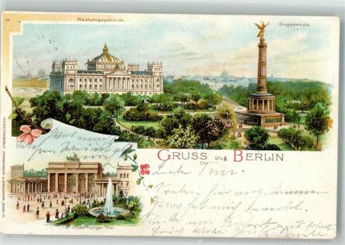 Tiergarten 1898 Reichstagsgebäude Brandenburger Tor Denkmal Siegessäule Lithographie
