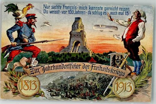 O7000 Leipzig Erinnereung Jahrhundertfeier der Freiheitskriege 1813-1913 Franzmann und deutscher Michel Völkerschlachtsdenkmal Künstlerkarte