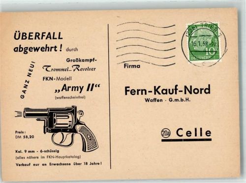 Celle 1958 Werbung Trommel Revolver Army II Firma Fern-Kauf-Nord Waffen GmbH