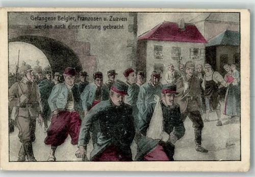 Belgier, Franzosen und Zuaven Kriegsgefangener 1915 Künstlerkarte