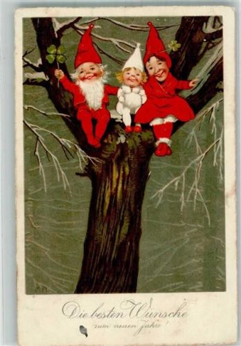 1926 Zwerg Wichtel sitzen im Baum Neujahr
