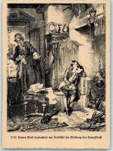 Uebigau Dampfkesselfabrik Bild: James Watt beobachtet die Dampfkraft am teekessel