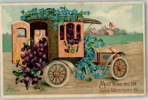 Automobil mit Vergissmeinnicht Veilchen Poesie / Liebe Blütenbild 1912 Prägedruck