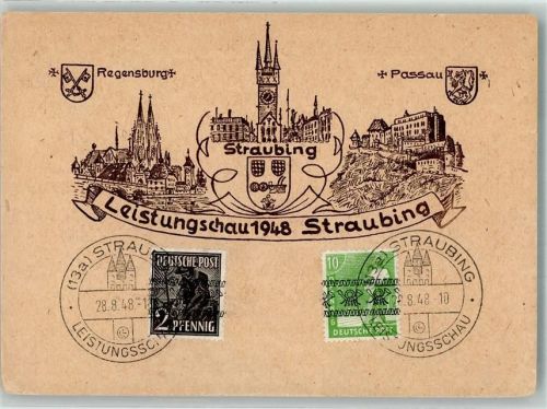 94315 W8440 Straubing - Leistungschau 1948 Straubing Stadtwappen Regensburg und Passau Sonderstemel