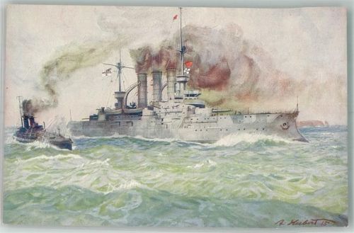 Helgoland 1915 sign. Hubert Deutsches Linienschiff auf Patrouillenfahrt Künstlerkarte