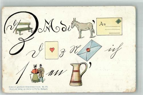 1901 Bilderrätselpostkarte mit Esel Liebesbrief Spielkarte und Kanne
