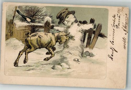 1902 Ziege kippt den Schneemann um