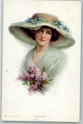 Elegante junge Frau Anita mit Flieder und Blumenschmuck am Hut Hutmode 1914 Künstlerkarte