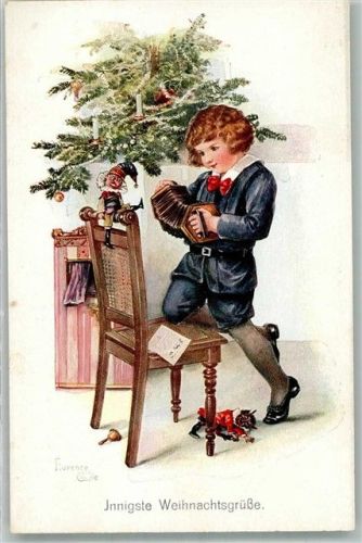 sign. Florence Cownie Ziehharmonika Puppen Kasperl-Theater Weihnachten Künstler Künstlerkarte