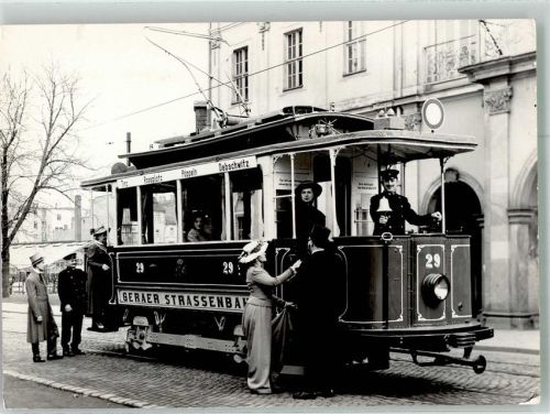 07545 O6500 Gera Foto AK Historischer Straßenbahnwagen 75 Jahre Geraer Straßenbahn 1892-1967 Mode Fotograf Brühl