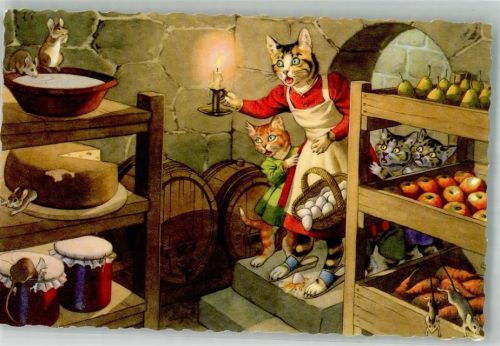 Im Vorratskeller , Katze vermenschlicht Maus Künstlerkarte