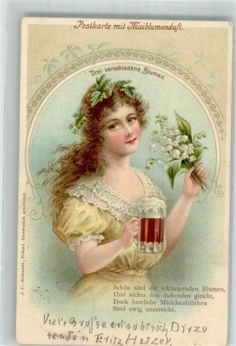 1900 Frau mit Maiglöckchen Spruch Bier
