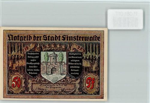 Finsterwalde Notgeldschein 50 Pfennig Bürgermeister Koßwig gewinnt die Bürgerheide Wappen