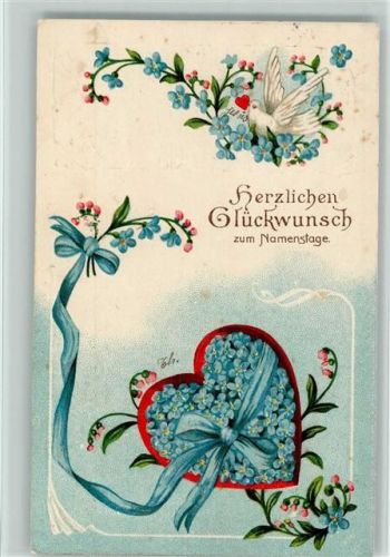 1909 herz aus Blüten, Taube mit einem Herz - Poesie AK