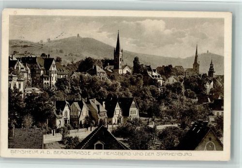 Bensheim Ortsansicht mit Hemsberg und der Starkenburg