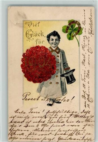 Neujahr - Page mit einem Rosenstrauß AK