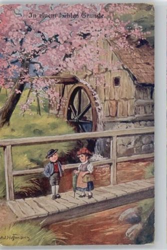 Wassermühle - Kinder - Trachten - Regenschirm - Nr. 5354 - AK Hoffmann, Ad. Künstlerkarte