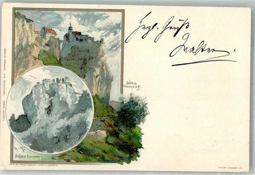 Fridingen 1898 Adelskorrespondenz Schloss Werrenwag Schloss Bronnen sign. K.M. Künstlerkarte