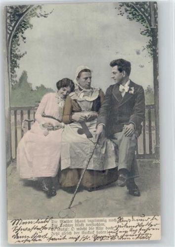 1903 Serie Nr. 686 -Serie Mutter und Tochter auf der Parkbank, Junger Mann bändelt an, malt ein Herz mit dem Spazierstock