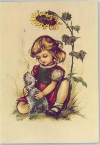 1985 Mädchen mit einer Sonnenblume und einem Hund
