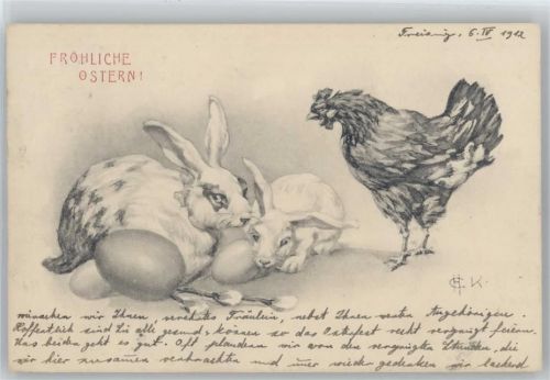 sign CH K. Hasen mit einem Huhn und Eiern Osterei 1912 Künstlerkarte