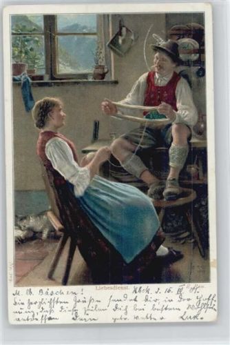 Wolle aufwickeln , Liebesdienst - Bayern Trachten Stricken 1901
