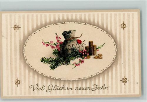 Neujahr - Geldsack und Taler , litho