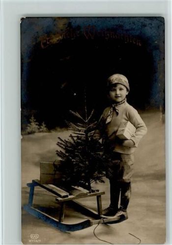Kind mit Schlitten Tannenbaum Geschenk weihnachtsgruß EAS 3713/1 Schlitten